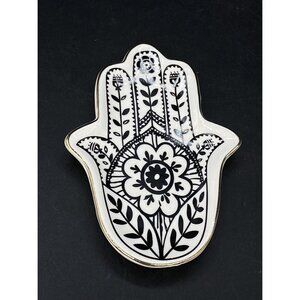 Hamsa Fatima Hand Trinket Dish Natural Life Black White Flower Design 4.5”
